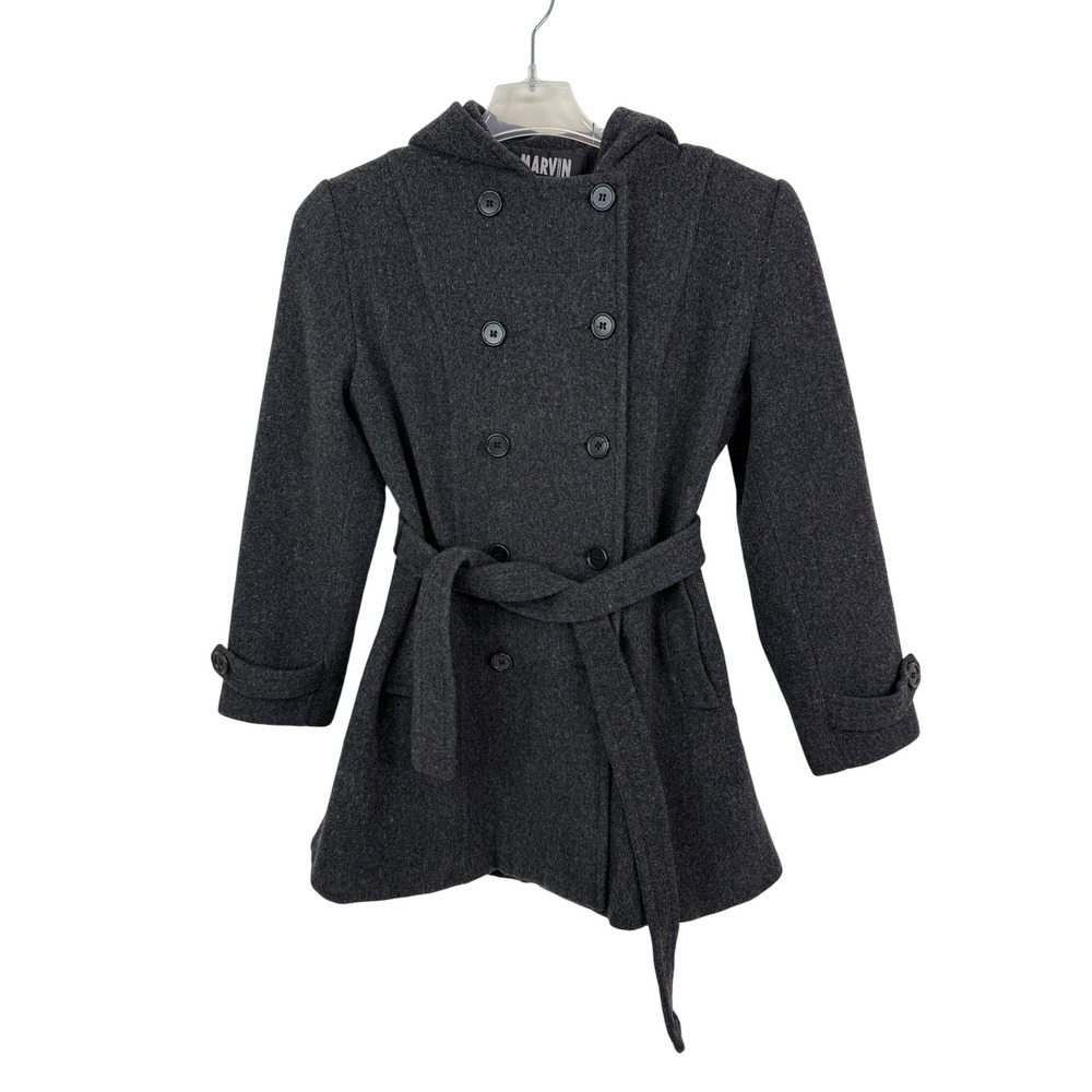 Marvin Richard's Pea Coat Women's Medium Wool Blend Hooded Belted Charcoal